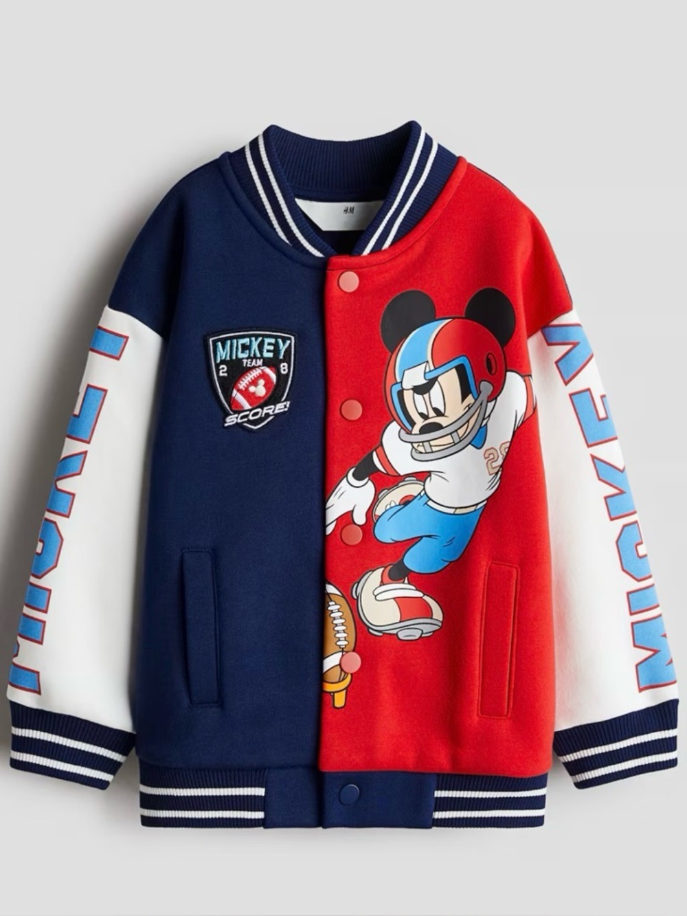 H&M kids disney Mickey Mouse printed Red & Navy Varsity bomber Jacket snaps 6-8y